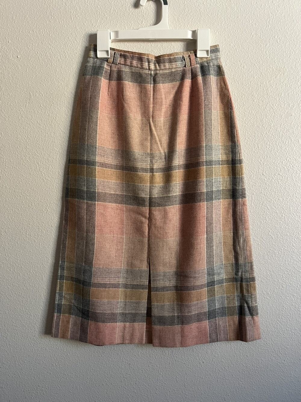 Vintage 70s College Town Plaid Midi Skirt XS Pink Gray High Waist Academia